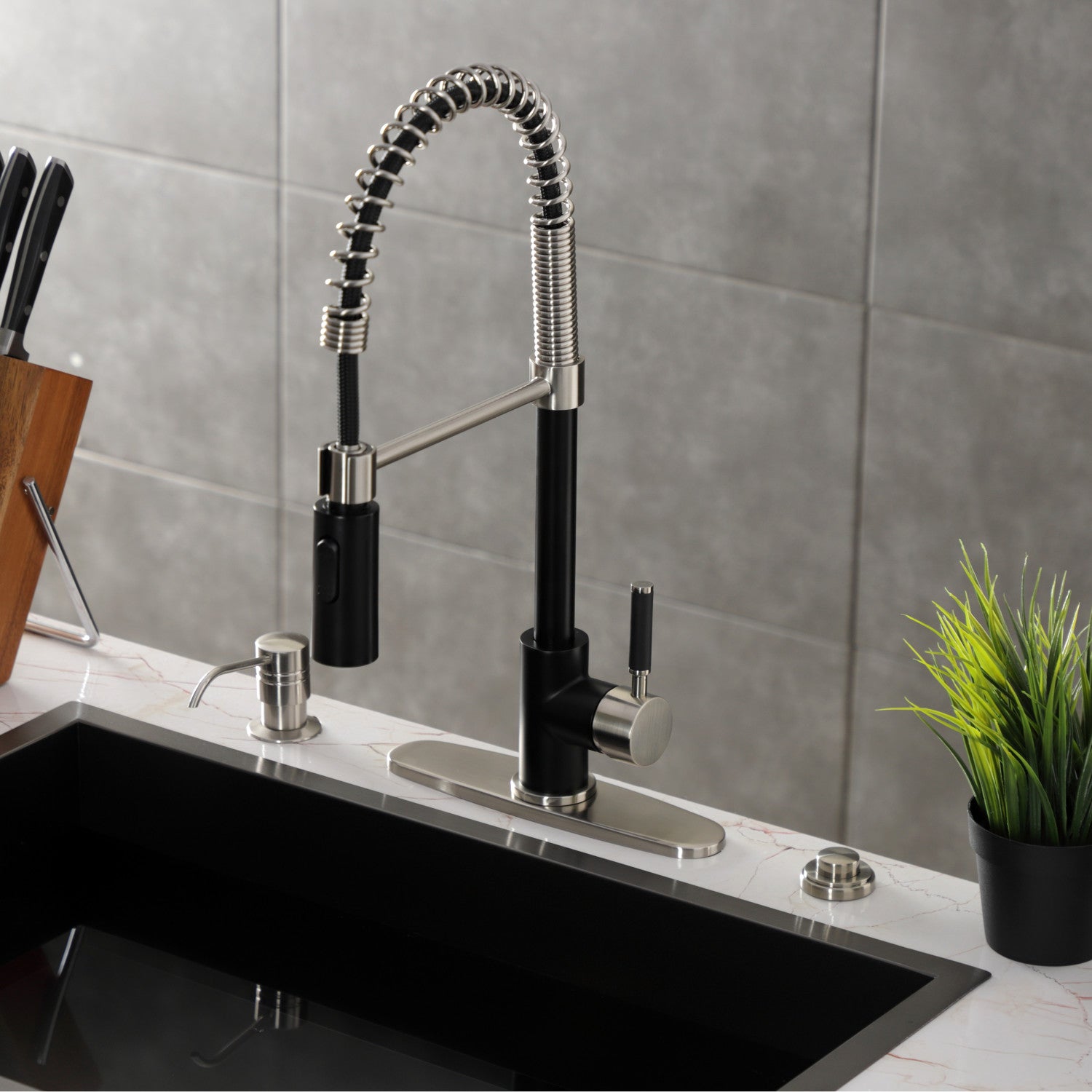 Kingston Sona LS8779DKL - Kaiser Single-Handle 1-Hole Deck Mount Pre-Rinse Kitchen Faucet, Matte Black/Brushed Nickel — thumbnail 2